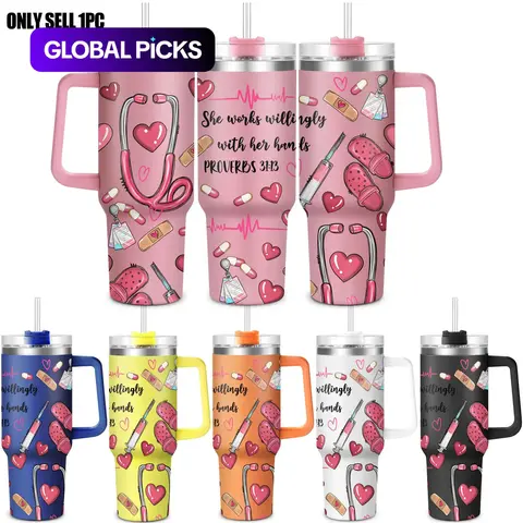 Nurse Pattern 40oz Insulated Coffee Tumbler with Lid, 1 Count Stainless Steel Water Bottle, Drinking Cup for Home Office School, Gift for Nurse, Birthday Gift, Drinkware, Insulated Cups #GLOBAL PICKS