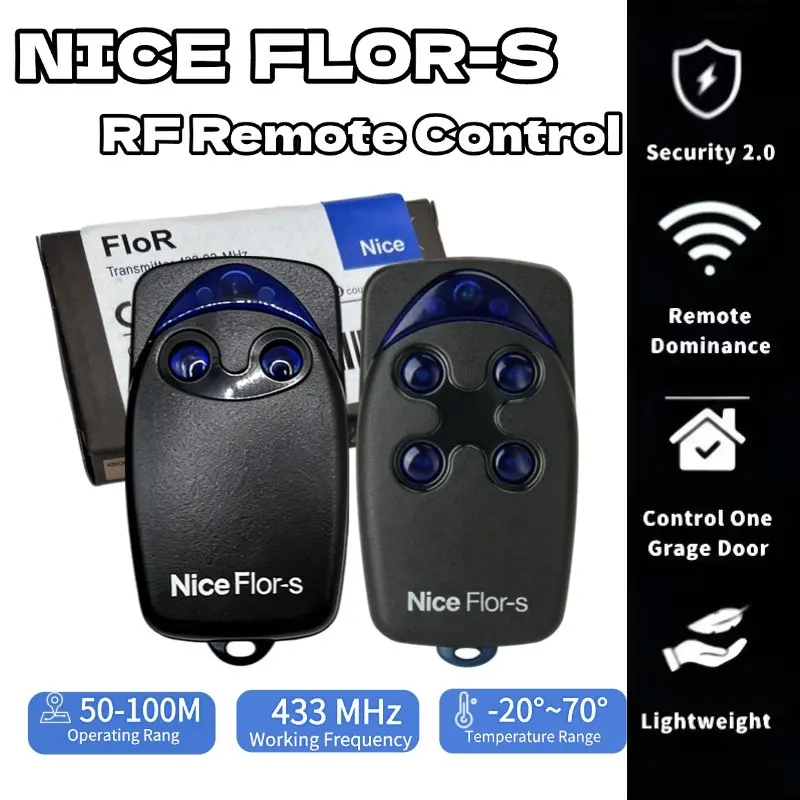 Nice Flor-S Garage Door Remote Control, 2/4 Keys, 433mhz Rolling Code, Compatible with Original, Replacement Handle for Patio Sliding Door