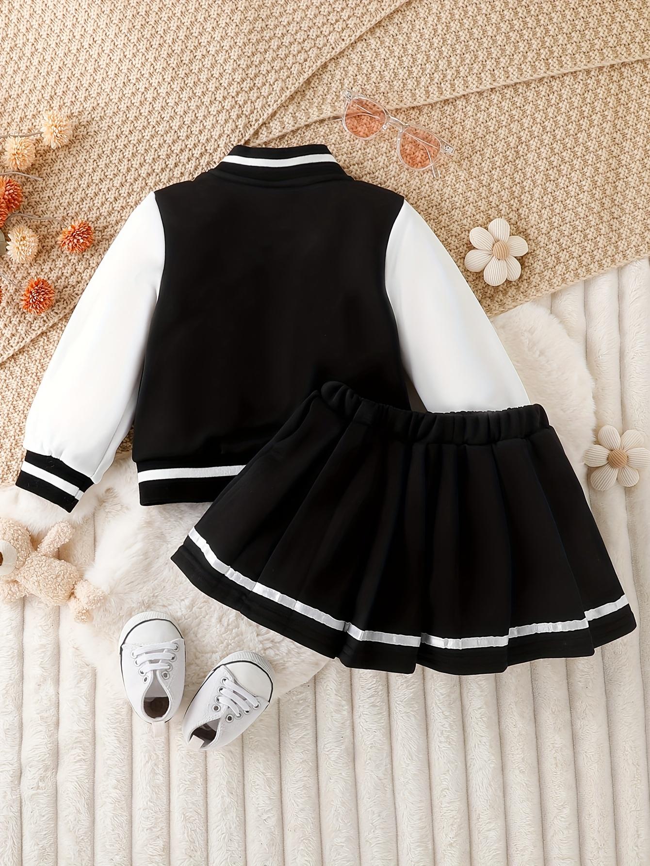 Kids Clothing Girls 2-Piece Preppy Look Set, Cotton Blend Baseball Jacket with Printed Letters + Pleated Skirt, Outdoor & Party Wear Gift