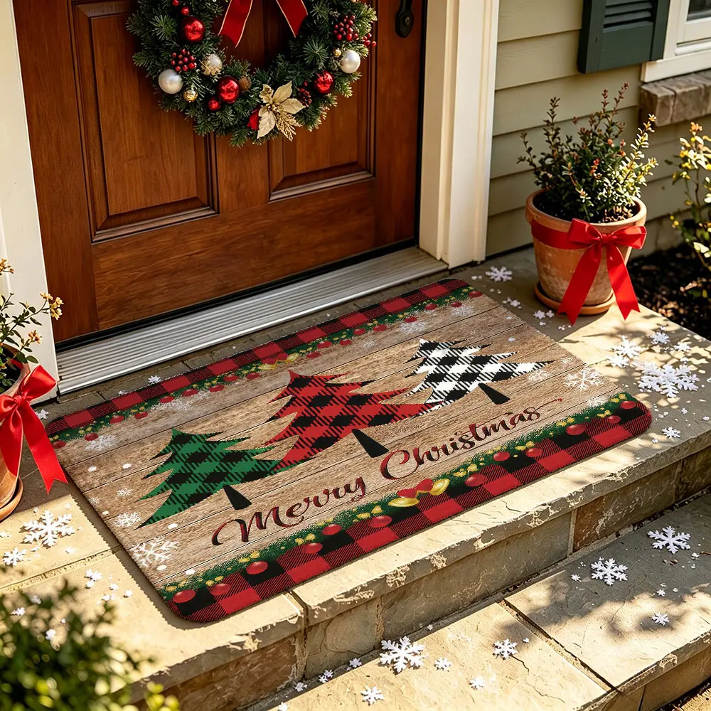 Three Plaid Christmas Trees Merry Christmas Doormat, Machine Washable Anti Slip Floor Mat, Decor Rug for Foyer Bathroom Balcony Pet, Perfect Christmas Gift