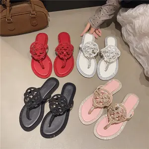 Leather flip-flops with rhinestones for women, diamond-embellished women's flat sandals, comfortable and luxurious sandals