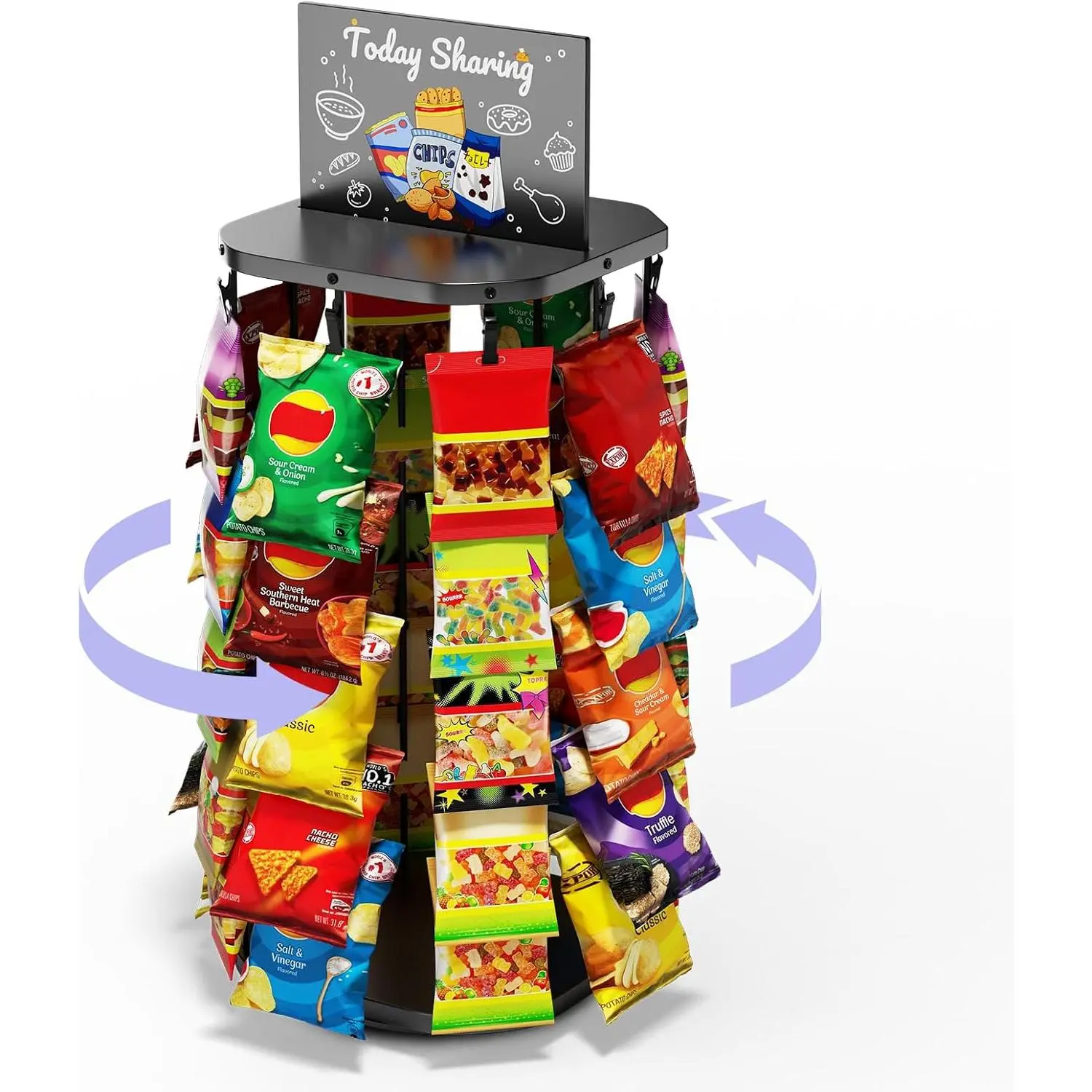 Chip Rack Display Stand with Heavy-Duty 360° Smooth-Rotating Metal Base, 5 Tiers 40 Clips Chip Bag Holder Display, Candy Stand, Snack Organizer for Countertop, Party, Store Concession Stand
