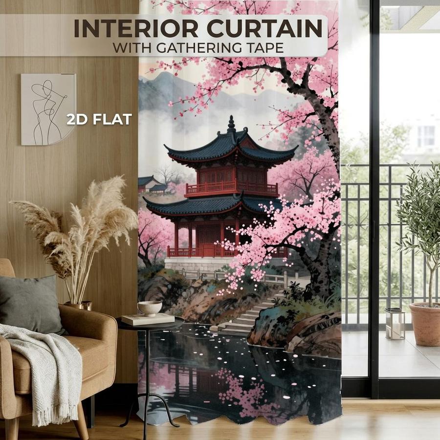 2Pcs Traditional Chinese Landscape Pagoda Cherry Blossom Waterfall Pattern Curtains Digital Printed Rod Pocket, Window Treatment For Bedroom Office Kitchen Living Room Study Home Decor