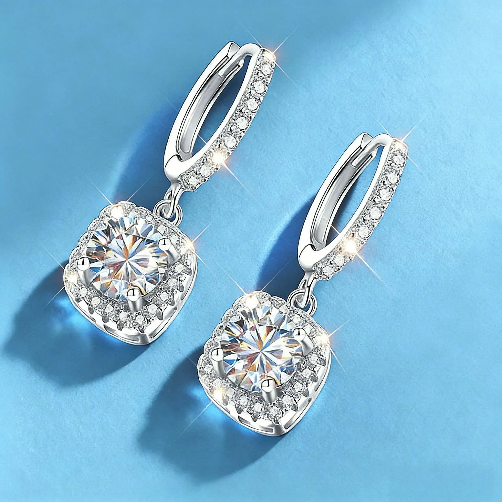 925 Sterling Silver Gold-Electroplated Square Setting Drop Earrings, Unisex Hip Hop Jewelry, D Color VVS Moissanite, Choking Hazard Small Parts, Color D Moissanite, Shining Earrings, Sparkling Ear Jewelry, Moissanite Stones