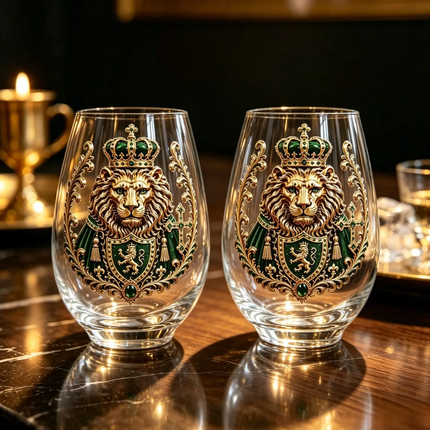 Royal Gilded Lion Crown Whiskey Glasses, Luxury European Bar Tumbler Pair, Elegant Gift Set for Special Occasions