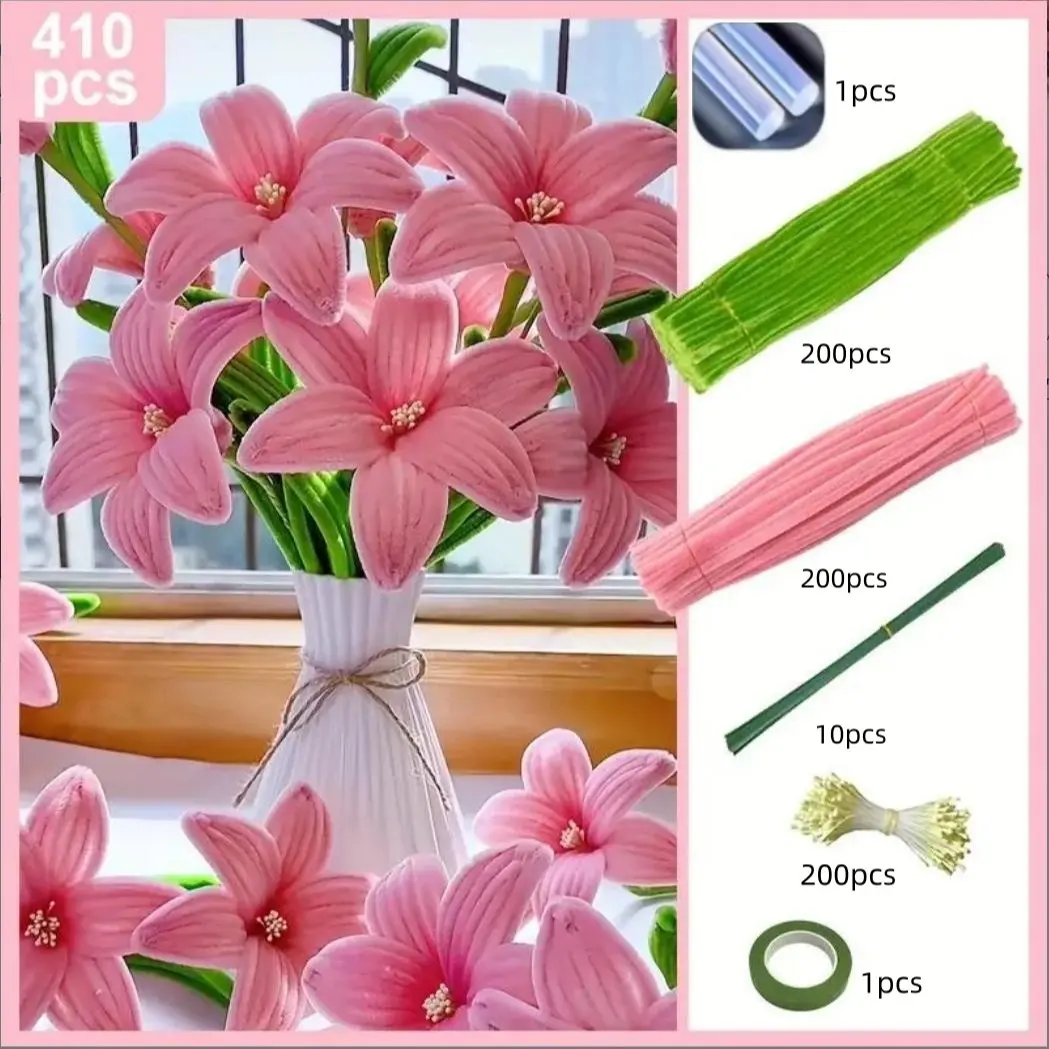 410-Piece Multi-Color Lily Tulip Twist Tube Cleaner Kit, DIY Snowflake Decor Set, Floral Decoration, Fake Bouquet Wedding Project, Artificial Flower Decorations