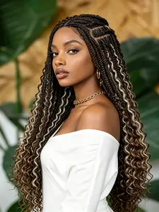 32 Inch Full Lace Square Parting Knot-Free Braided Wavy Hairpiece, Handmade Weaving, Baby Hair Included, Adjustable Net Cap