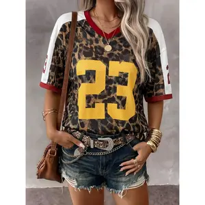 2026 Trendy Leopard Print 23 Graphic Mesh Jersey T-Shirt, Lightweight Breathable Oversized V-Neck Tee, Casual Streetwear & Game Day Outfit, Women's Loose Fit Sporty Colorblock Top Tailgate Parties, Daily Wear, Festivals, Womenswear