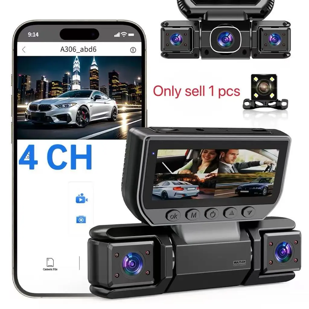 4-Channel Dash Cam with WiFi, 64GB SD Card, Full HD Dual Camera, Night Vision, Hdr, APP Control, Car Front Mount, Rechargeable, Automotive Dashcam, Car Mounted Dashcam