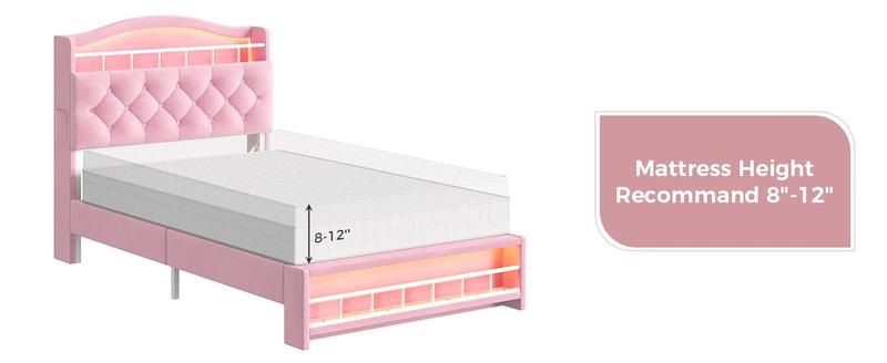 Sikaic Twin Size Princess Velvet Upholstered LED Bed Frame Pink Headboard & Storage Charging Station with RGB Lighting & 2 Outlets for Kids Sikaic Twin Size Princess Velvet Upholstered LED Bed Frame Pink Headboard & Storage Charging Station with RGB Lighting & 2 Outlets for Kids