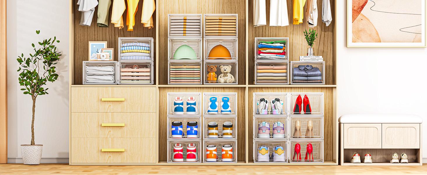 Thickened Clear Shoe Storage Organizer with Magnetic Door, Sturdy Stackable Shoe Boxes for Closet, Collapsible Space-Saving Shoe Rack for Sneakers & Boots, Plastic Shoe Cabinet Box Set, 6 Pack, White