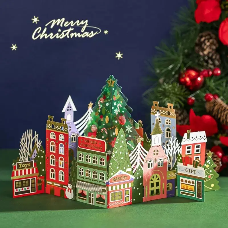 1Pcs 3D Pop Up Christmas Town Greeting Card Foldable Merry Christmas Handmade Village Castle Holiday Gift Greeting Card With Envelope