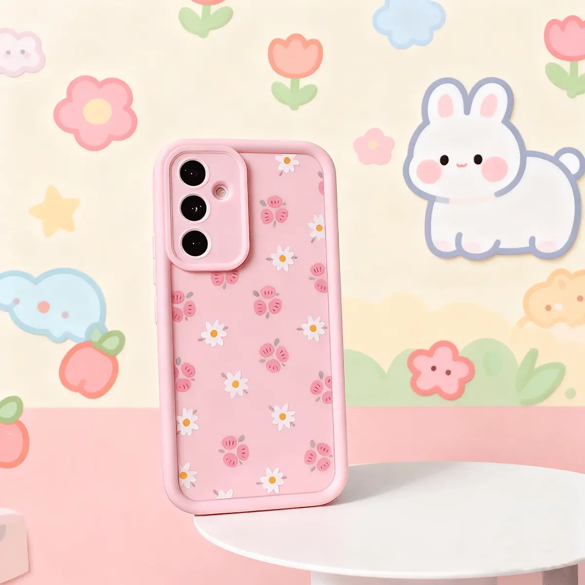 Soft Cottagecore Ditsy Daisy Strawberry Floral Matte High Bumper Phone Case, Shockproof Full Wrap Lens Cover Soft Silicone Protective Case Compatible with iPhone 17 Air 17E 16 15 14 13 12 11 Pro Max & Samsung S21-S26 A13-A54