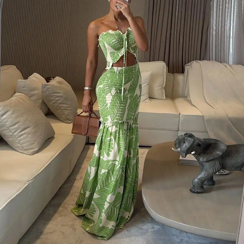 Women's Tropical Floral Print Smocked Bandeau Maxi Dress - Ruched Cutout, Shirred Ruffle Hem, Mermaid Silhouette - Elegant Sleeveless Option for Summer Seaside Vacation