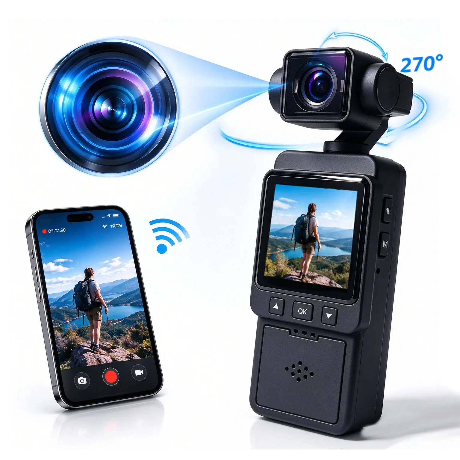 Mini Pocket Camera 1080P HD, WiFi Vlogging Camera, 6X Digital Zoom, 360° Rotatable Lens, Color Night Vision, Loop Recording, Portable Camera for Travel & Outdoor Activities