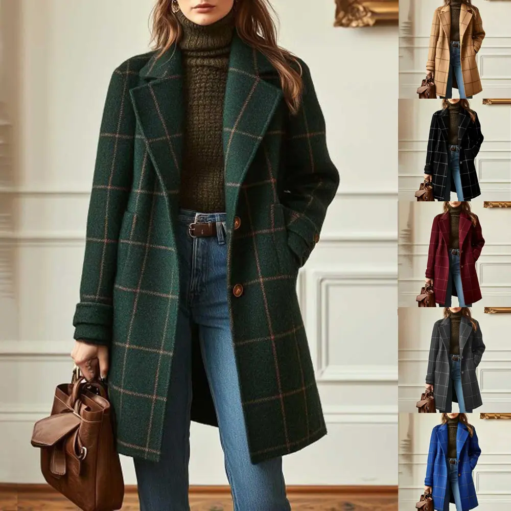 VVZ 2026 Women Plaid Print Mid Length Coat Notched Lapel Collar Long Sleeve Button Front Outerwear Fall Winter Casual Commute Street Style