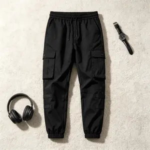 Men’s Multi-Strap Cargo Jogger Pants - Casual, Fitted, Black Utility Trousers with Button-Flap Side Pockets, Drawstring Elastic Waist, Cuffed Ankles, Streetwear Style, Casual Men's Pants, Fitted Men's Pants