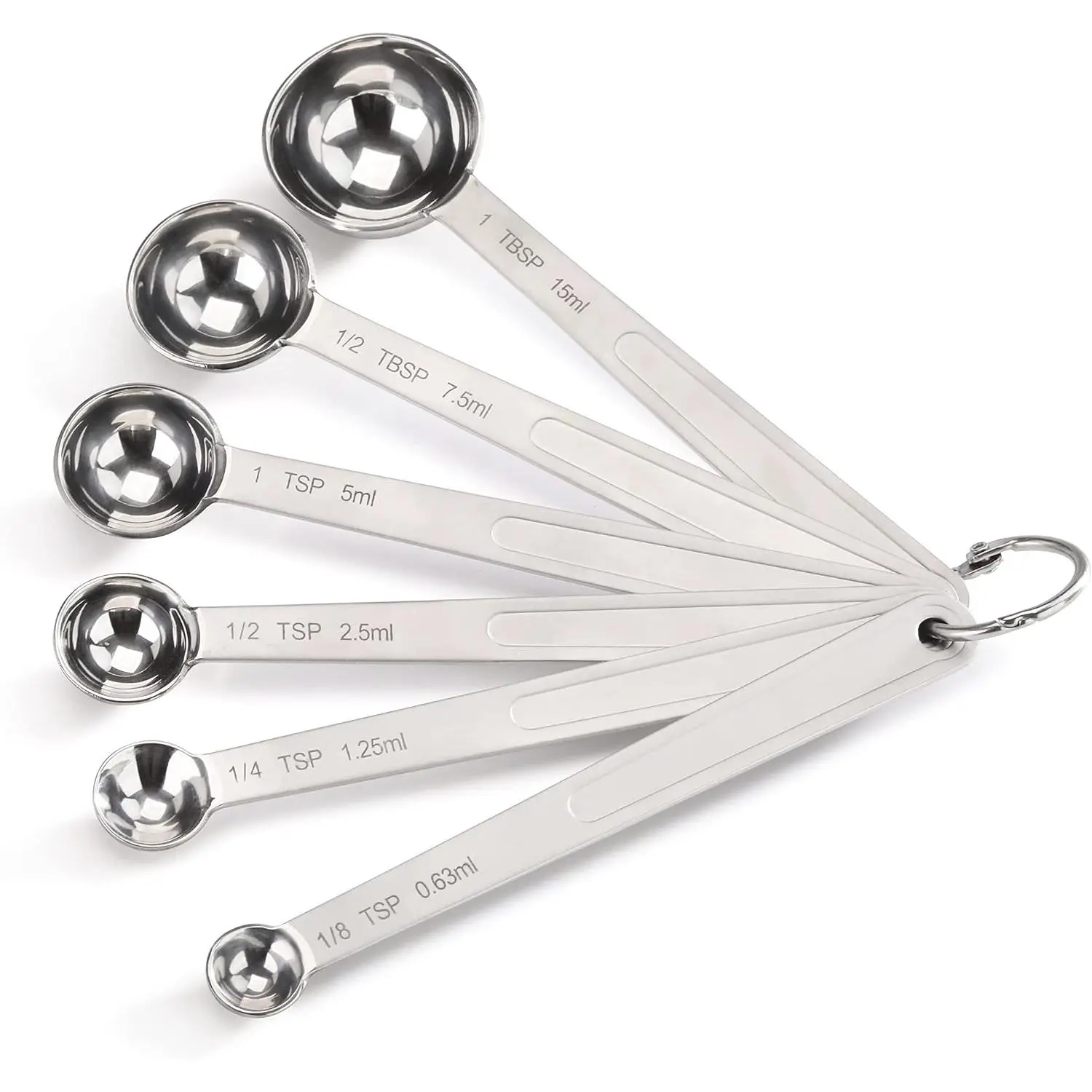 43112 Stainless Steel Measuring Spoons, Set of 6, Round Metal Measuring Spoon Set with Ring Hook for Baking, Cooking, Spices, Wet and Dry Ingredients,