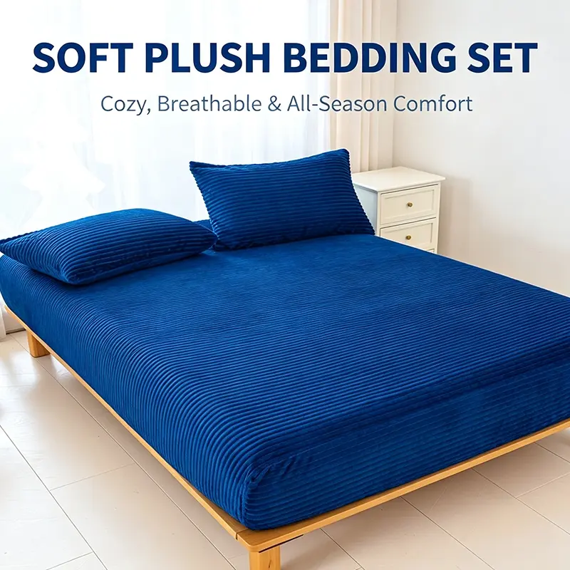 Plain Vertical Channel Soft Plush Fitted Sheet Set, Air Permeable Warm Fluffy Material, Universal Warm Bedding for All Indoor Daily Rest Scenes