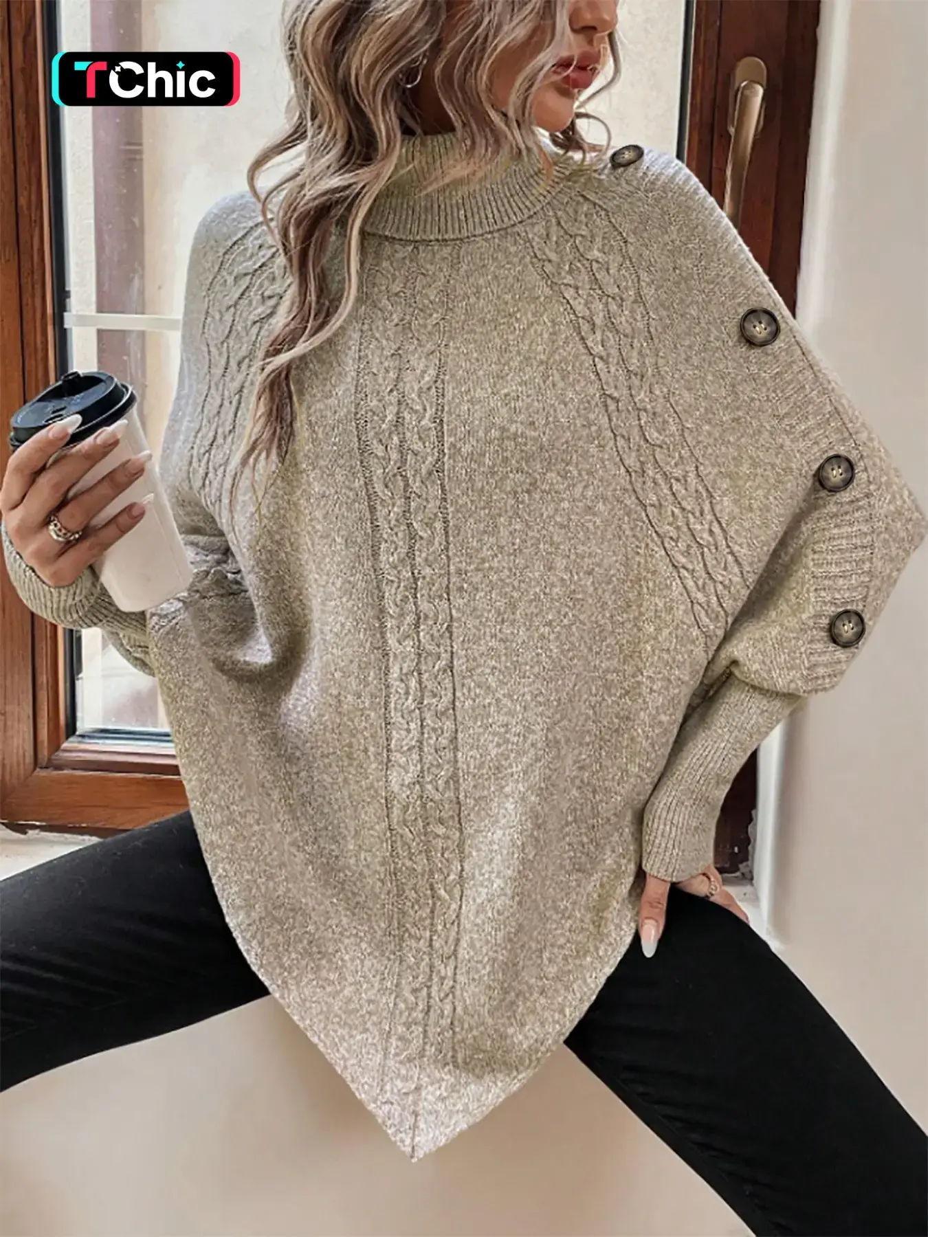 Women's Plain Fake Buttons Batwing Sleeve Sweater, Casual Long Sleeve High Neck Jumper for Fall & Winter, Fashion Ladies' Knitwear for Daily Wear