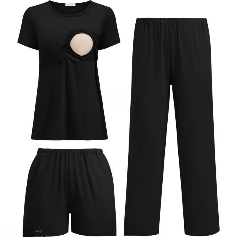3 Piece Postpartum Nursing Pajamas Set Short Sleeve Breastfeeding Shirts Pregnancy Shorts & Pants Maternity Pjs