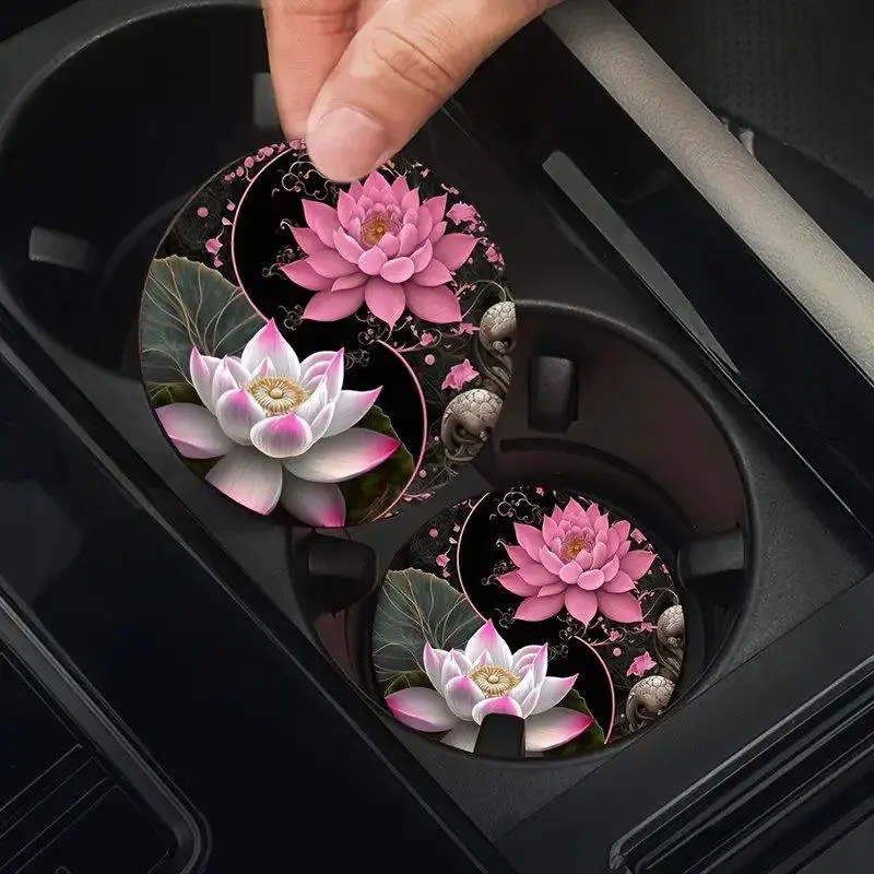 Lotus Pattern Car Coaster, 2 Counts Round Anti-slip Car Cup Holder Pad, Car Cup Holder Mat, Car Interior Decoration Accessories, Car Ornament for Women & Men, Aesthetic car accessory, Automotive decorative accessories
