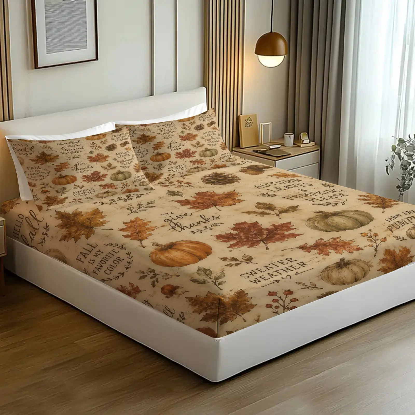 American Retro Autumn Maple Leaf Themed Fitted Sheet Set, Fall Harvest Vibe Print, Includes 1 Fitted Sheet & 2 Pillowcases, Cozy Bedding Essentials, Non‑Slip for Bedroom & Guest Room, Gift for Teens & Adults, Perfect for Holiday & Housewarming Gifts