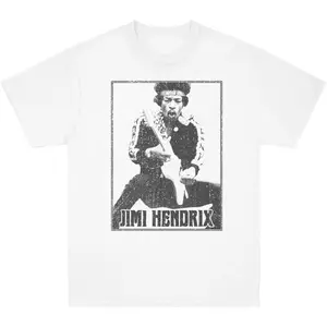 Framed Jimi Hendrix Vintage Stage Photo Graphic T-Shirt, Plus Size Up To 5XL Retro Distressed Guitar Legend White Short Sleeve Tee, Casual Loose Fit Rock Concert Collector Gift Top