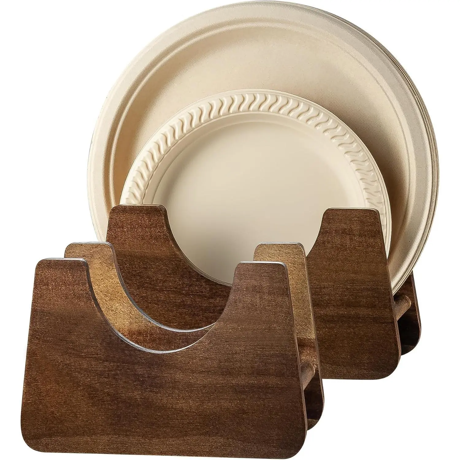 Paper Plate Dispenser 2 PCS Acacia Wood Plate Storage Organizer for 7-10 inch Disposable Plate Paper Plate Holder for Cabinet Countertop RV or Outdoor