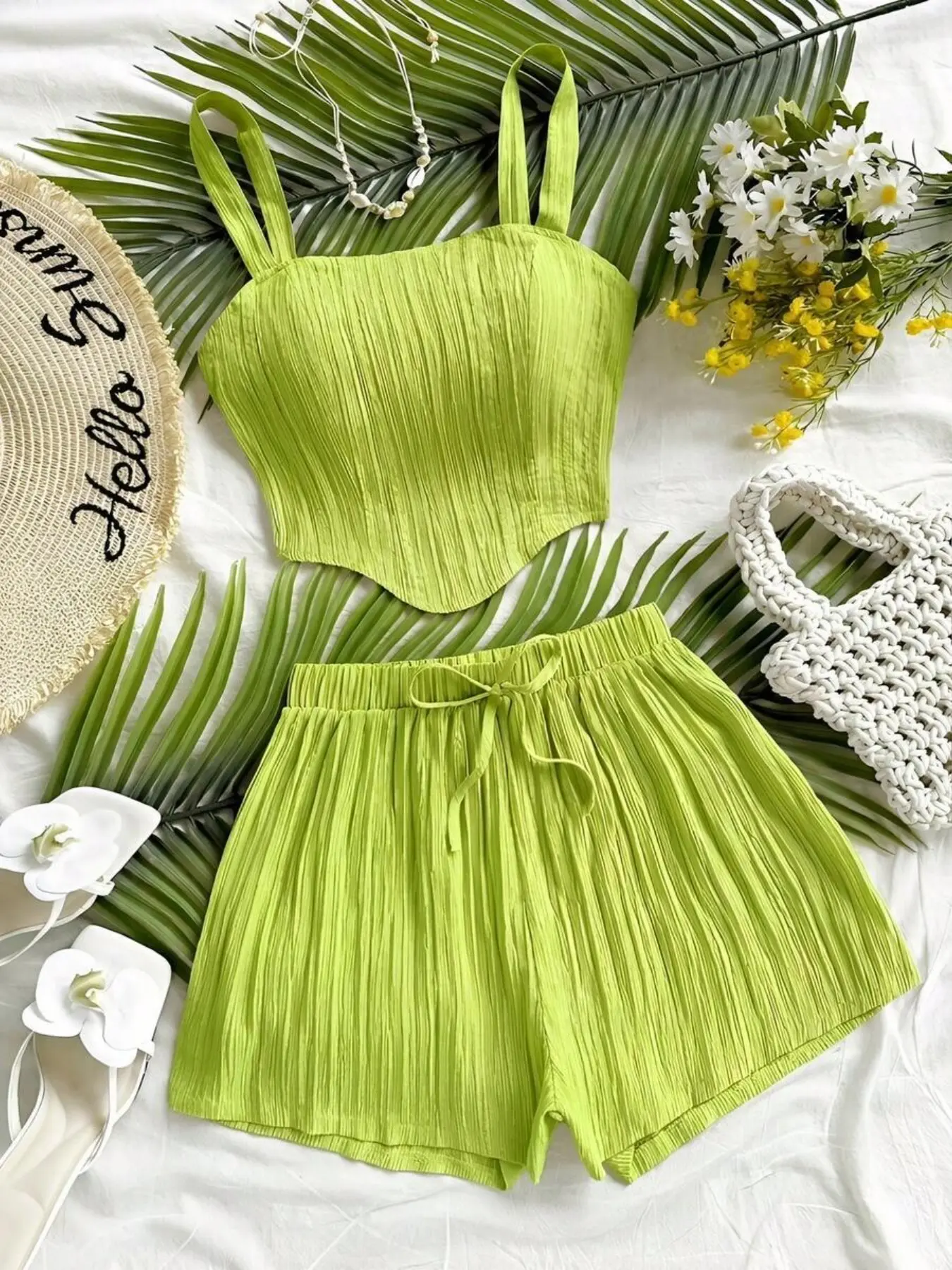 Women's Vacation Casual Resort Solid Color Spaghetti Strap Sleeveless Tank Top and Shorts Set, Summer Lounge Set, 2-Piece, Comfortable and Stylish, Perfect for Relaxing Days