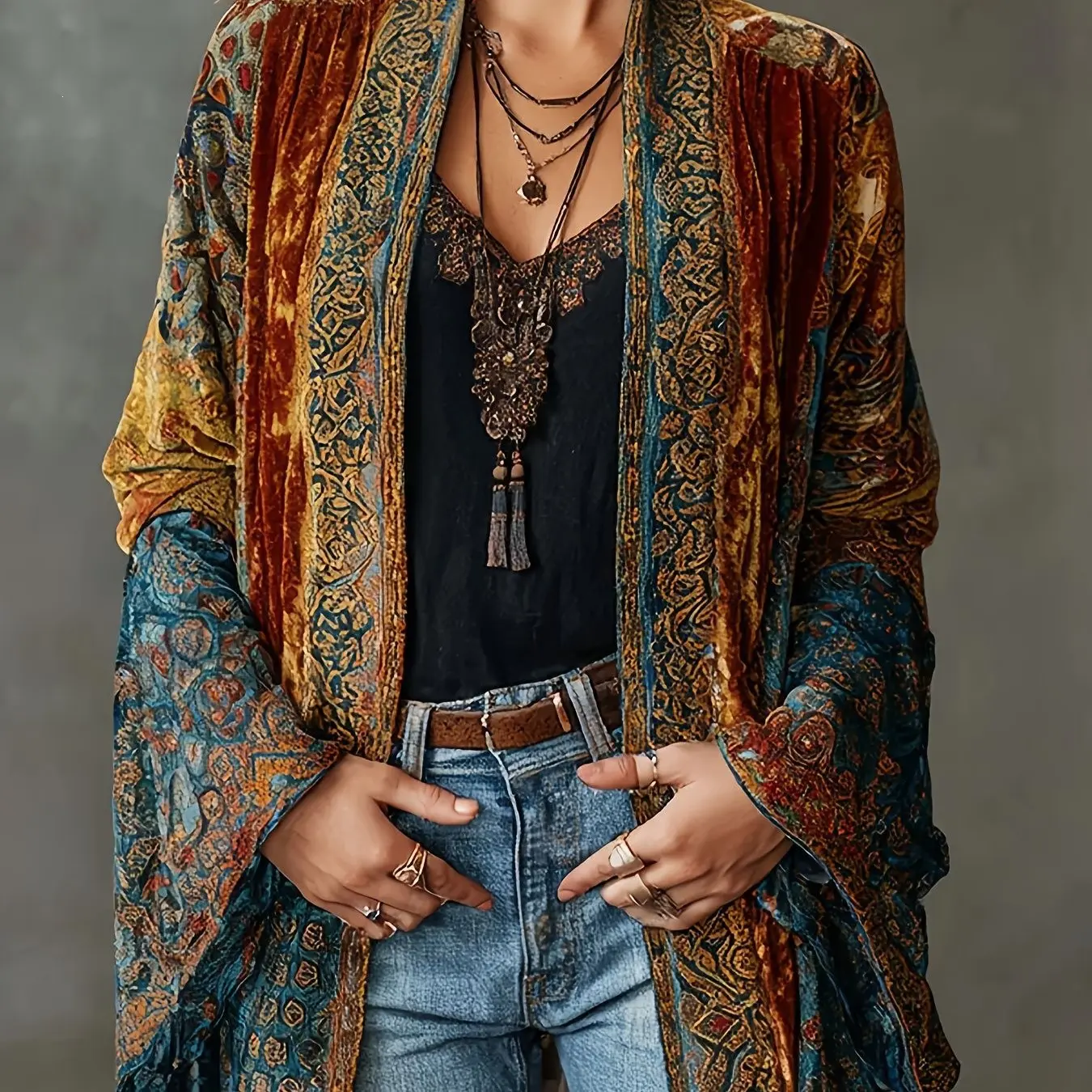 Women's Printed Vintage Jacket | Artistic Long Sleeve Relaxed Fit Elegant
