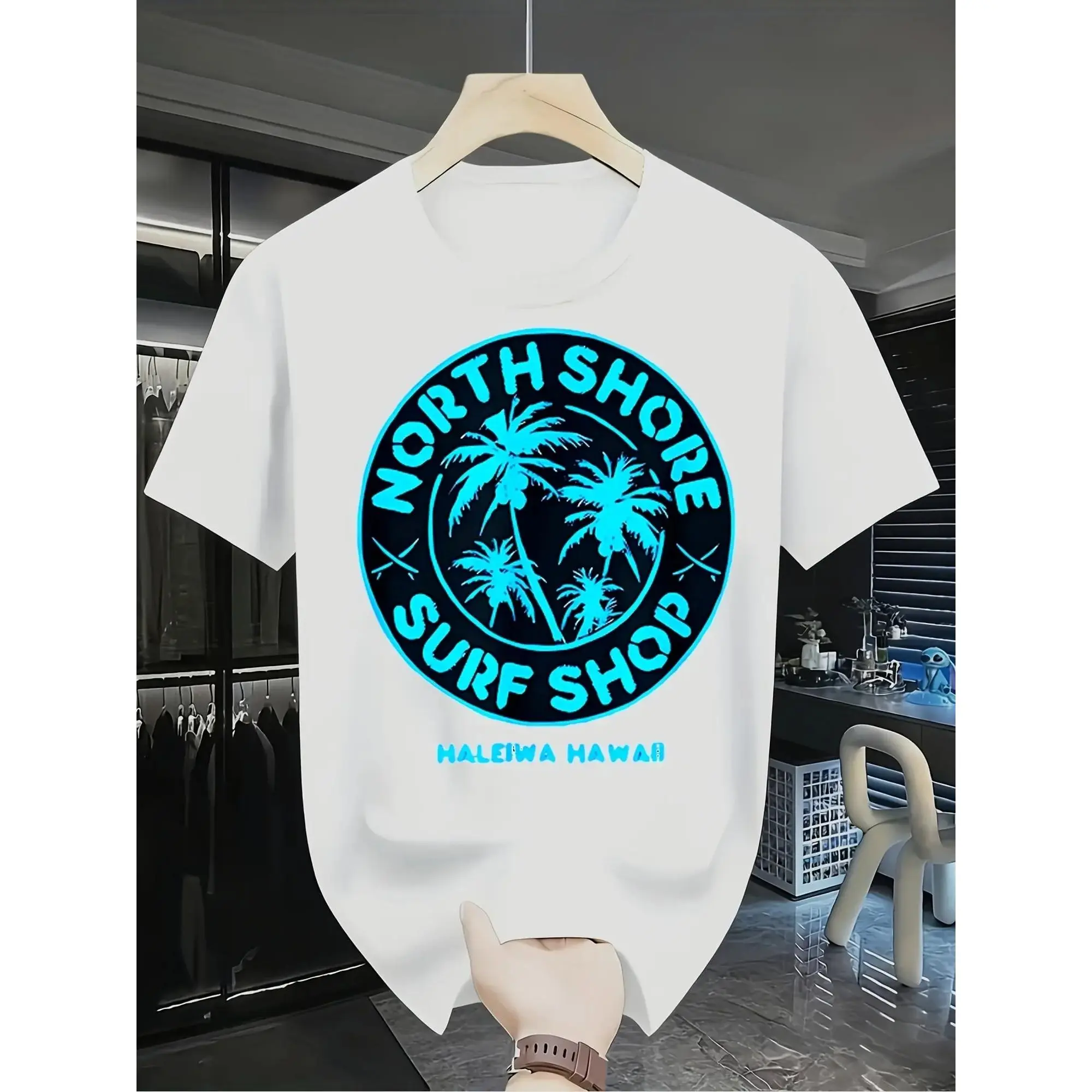 North Shore Surf Shop Hawaii T-Shirt for - Coconut Palm Tree & Surf Graphic Tee, Short Sleeve Round Neck Casual Beachwear Suitable for Birthday Gifts, Casual Attire, Hawaiian Apparel, Machine Washable Apparel