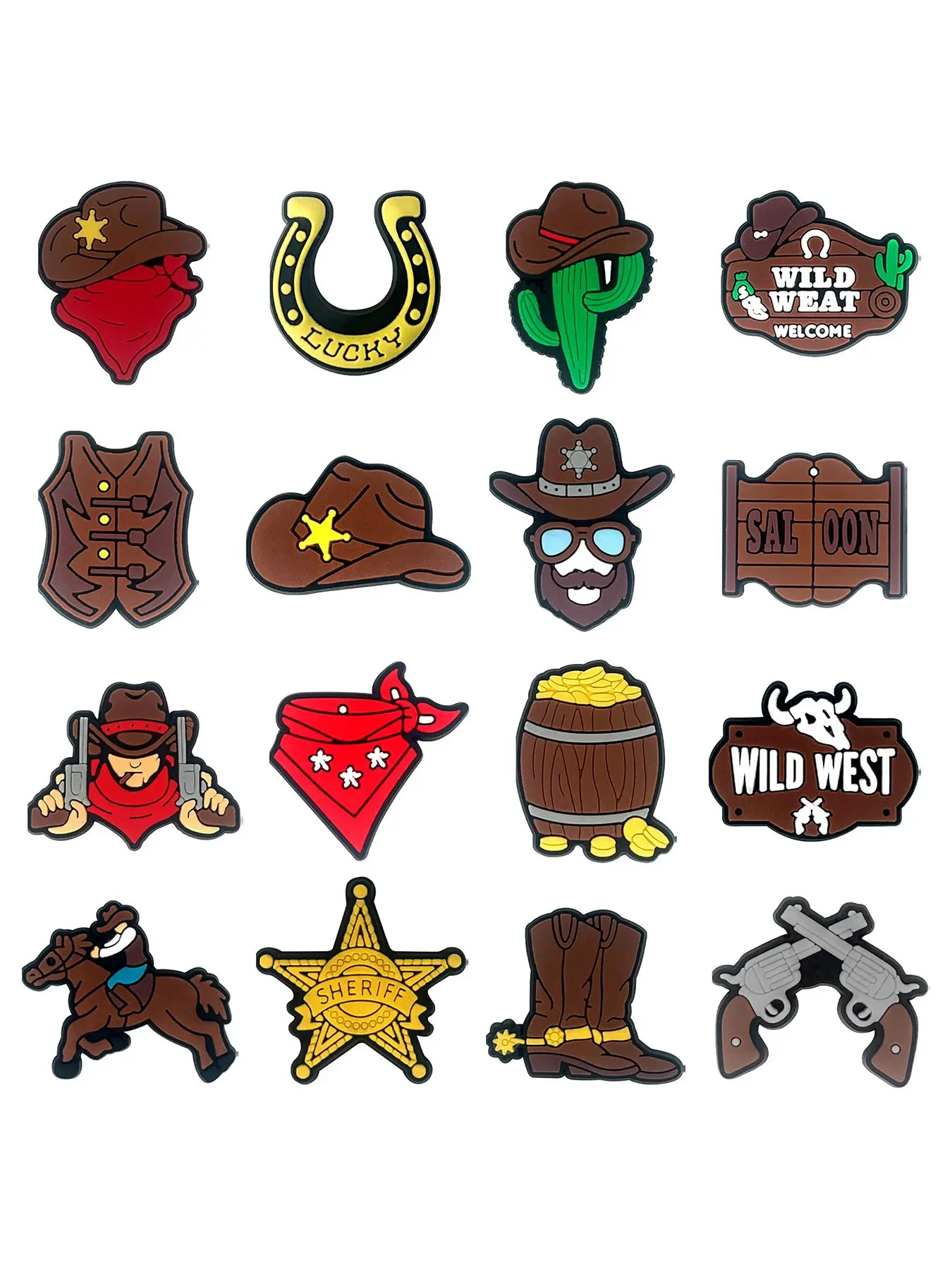 16Pack Vintage Cowboy Shoe Charms, Decorative Shoe Accessories, Retro Wild West PVC Shoe Decorations, Removable Shoe Buckles Compatible With Clogs, Crocs & Slides, DIY Footwear Accessories Gift for Western Culture Fans Boys, Shoe Charm Set
