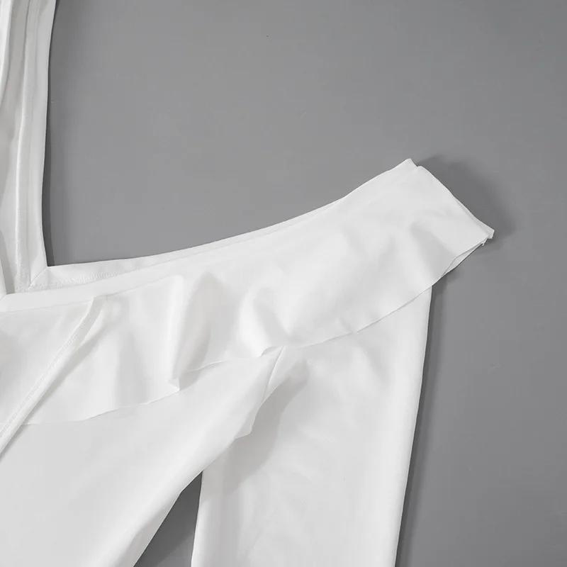 Ruffled Lace-Up White Mini Dress Women's V-Neck Patchwork Long Sleeve Sexy Slim Dress Bandage Elegant Female Summer Dress Casual Womenswear