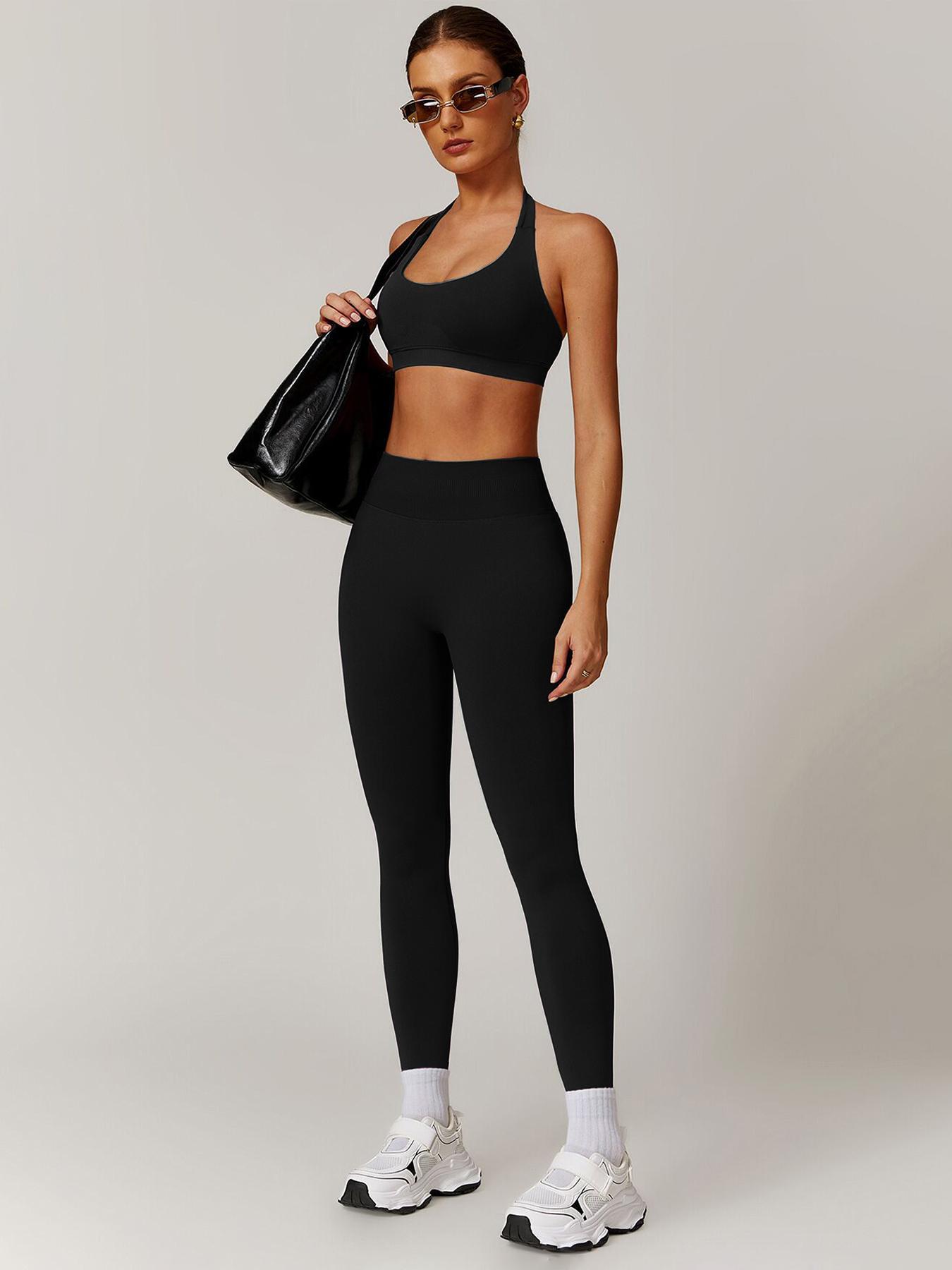 Women's Breathable High-Stretch Sporty Two-Piece Set, Workout Gym Clothing, Seamless Backless Sports Bra & Stretchy Leggings, Suitable for Running and Fitness