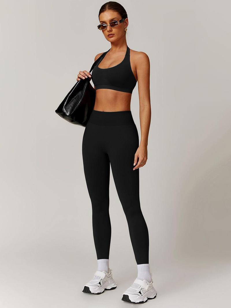 Women's Breathable High-Stretch Sporty Two-Piece Set, Workout Gym Clothing, Seamless Backless Sports Bra & Stretchy Leggings, Suitable for Running and Fitness
