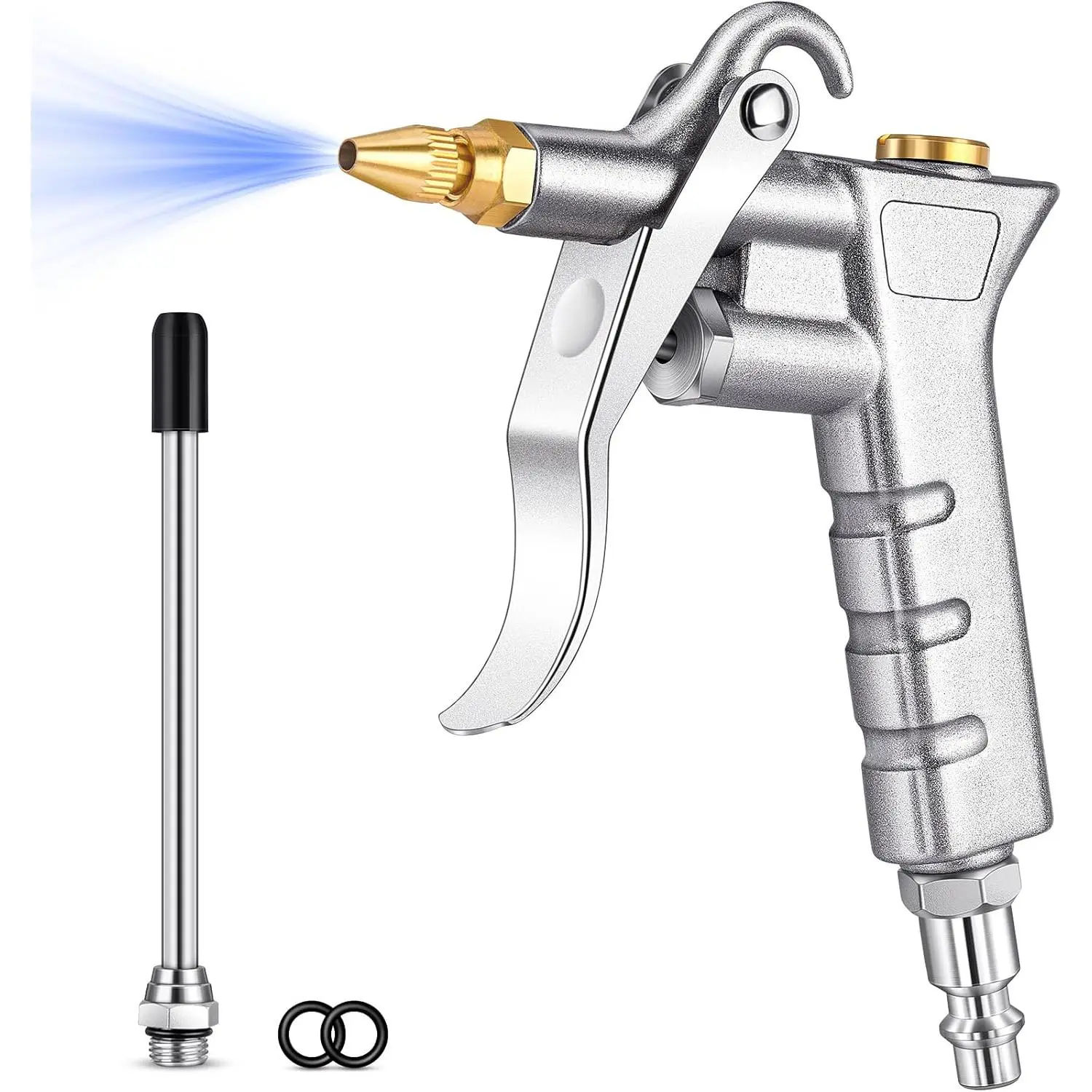 Air Blow Gun for Compressor, Brass Adjustable Air Nozzle & Steel Extension | 1/4'' NPT Quick Plug, Rubber Tip, Adjustable Airflow, All-metal Build, Air Compressor Attachment for Dust Cleaning