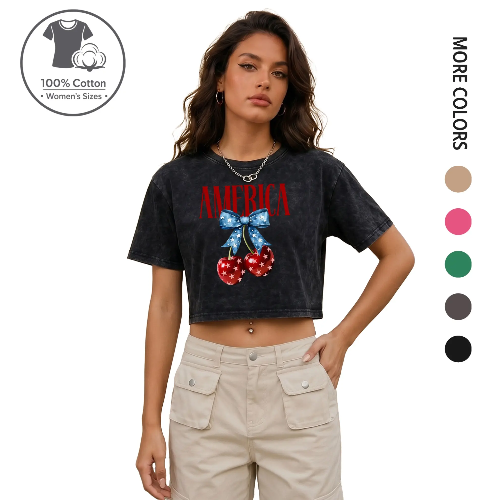 Women’s Streetwear 100% Cotton Vintage Washed “AMERICA” Cherry Bow Graphic Cropped Tee, Summer Slim Fit Casual Crop Top T-Shirt