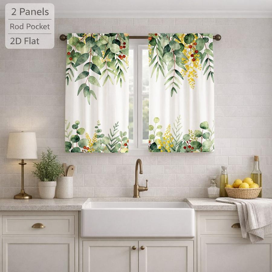 2Pcs Botanical Floral Pattern Eucalyptus Leaf Curtains Digital Printed Rod Pocket, Window Treatment For Bedroom Office Kitchen Living Room Study Home Decor