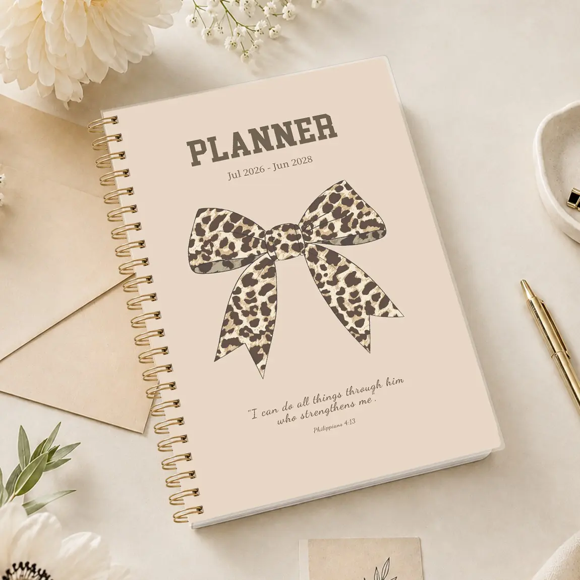 2026-2028 Monthly Planner Notebook, Life Planner Journal, Office Planner, Leopard Print Bow Cover A5 Coil Journal, Productivity Planner, Spiral Binding Calendar, Reference Calendar and Notes Page