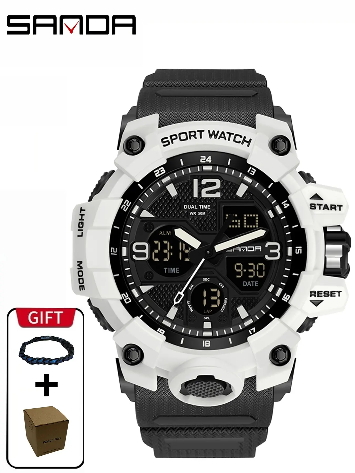 1set Sanda 6030 Men's Outdoor Sports Watch, 50m Waterproof Dual Display, Night Light Tactical Wristwatch, Analog-Digital, Quartz Movement