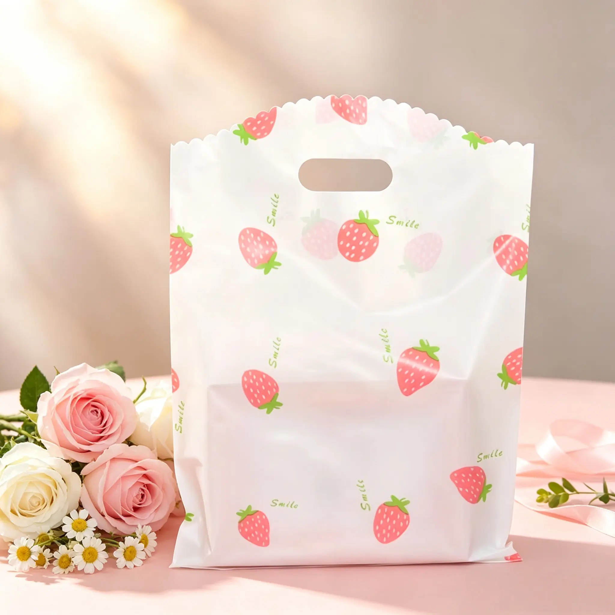 50-Pack Fresh Strawberry Plastic Handle Thank You Bags, Reusable Retail and Grocery Totes, Ideal for Boutiques, Shopping, Gifts, Parties
