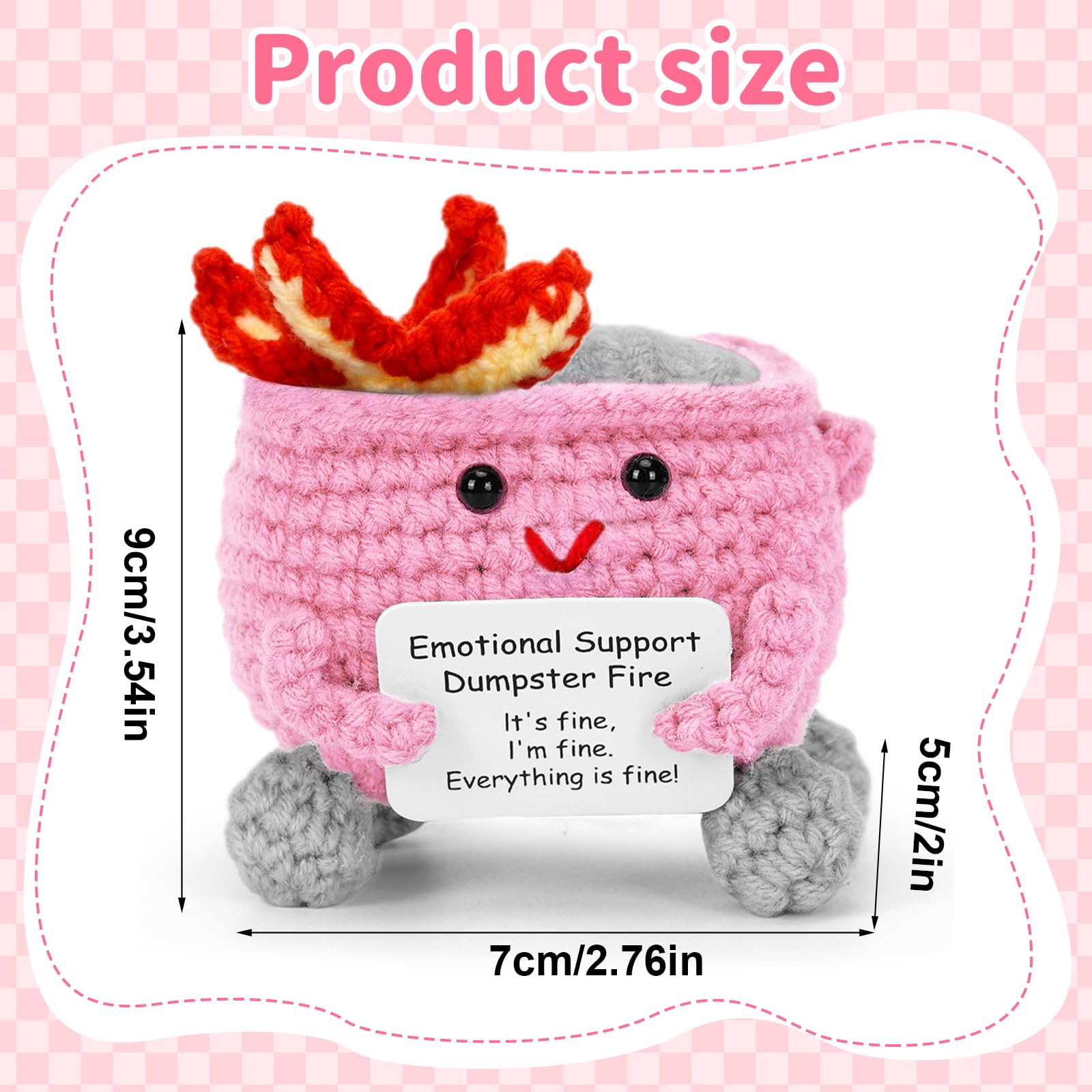Emotional Support Handmade Crochet Dumpster Fire with Positive Card, Cute Room Decor, Funny Knitted Toys Gifts for Friends, Soft Stuffed Doll