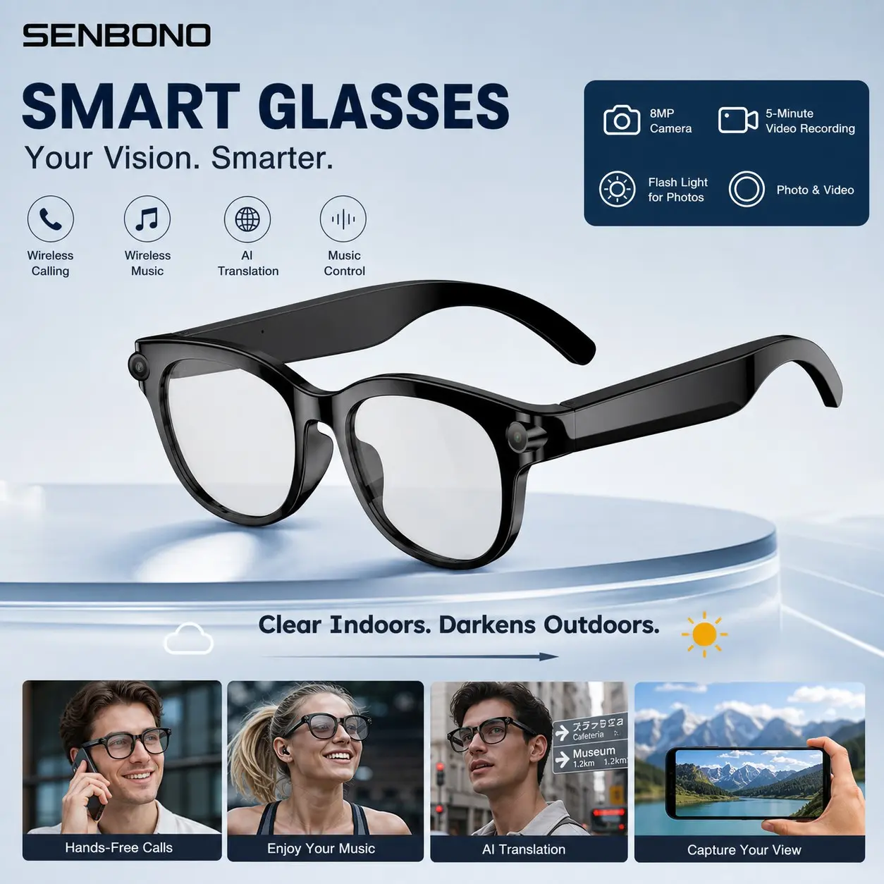 SENBONO AI Camera Glasses with 8MP Clear Photo & Video, Voice Recording and LED Fill Light, AI Assistant, Translation and Object Recognition, Bluetooth Calling, Fast Charging
