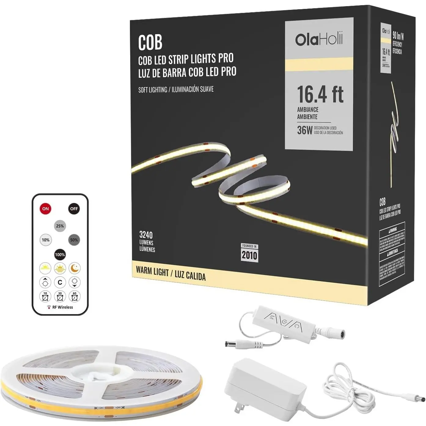 16.4ft COB LED Strip Light with Remote, 3000K Ra93+ Dimmable Bright Warm White Led COB Strip Light, White Continuous Led Strip Light for Mirror, Stair, Cabinet, Room
