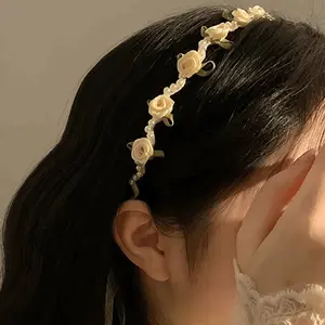 New rose flower headband with hair tie and ribbon for summer ponytail, integrated headband with braided hair accessory