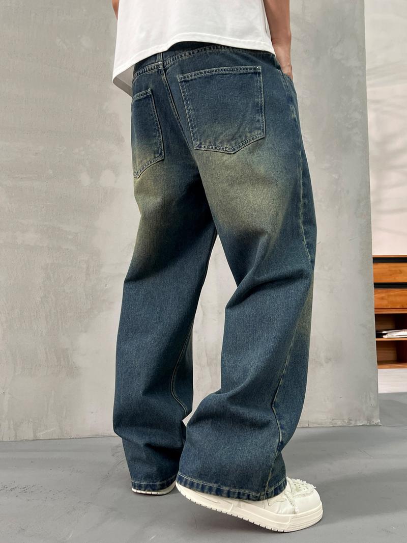 Men's Vintage Wide  Leg Jeans, Loose Casual Comfy Denim Pants for Daily Wear, Woven Bottoms for All Seasons, Denim Streetwear