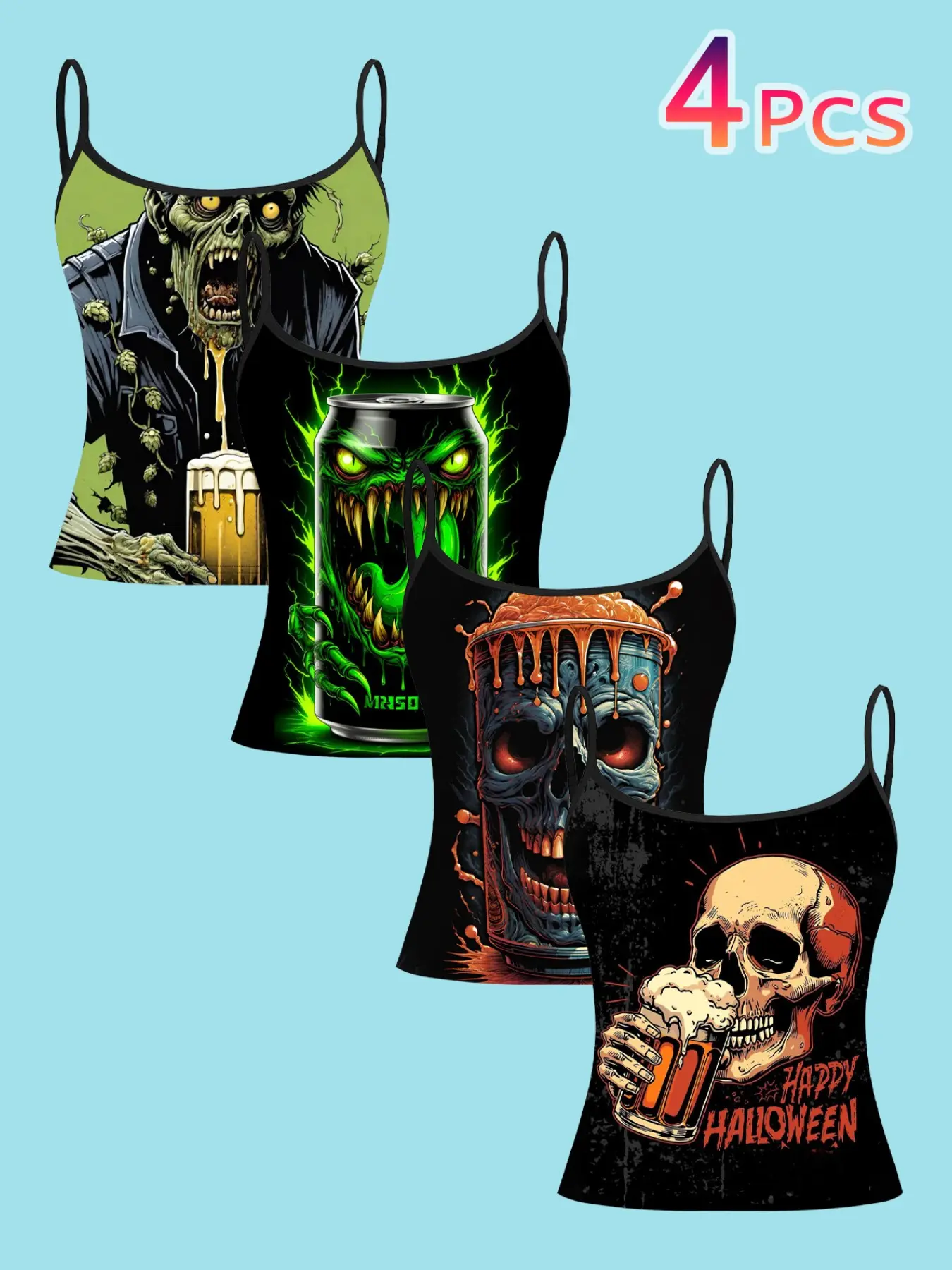 4-Pack Halloween Monster Skull Beer Print Strap Tops for Women, Gothic Punk Style Slim Fit Outerwear, All-Season Casual Clothing, Casual Tank Top