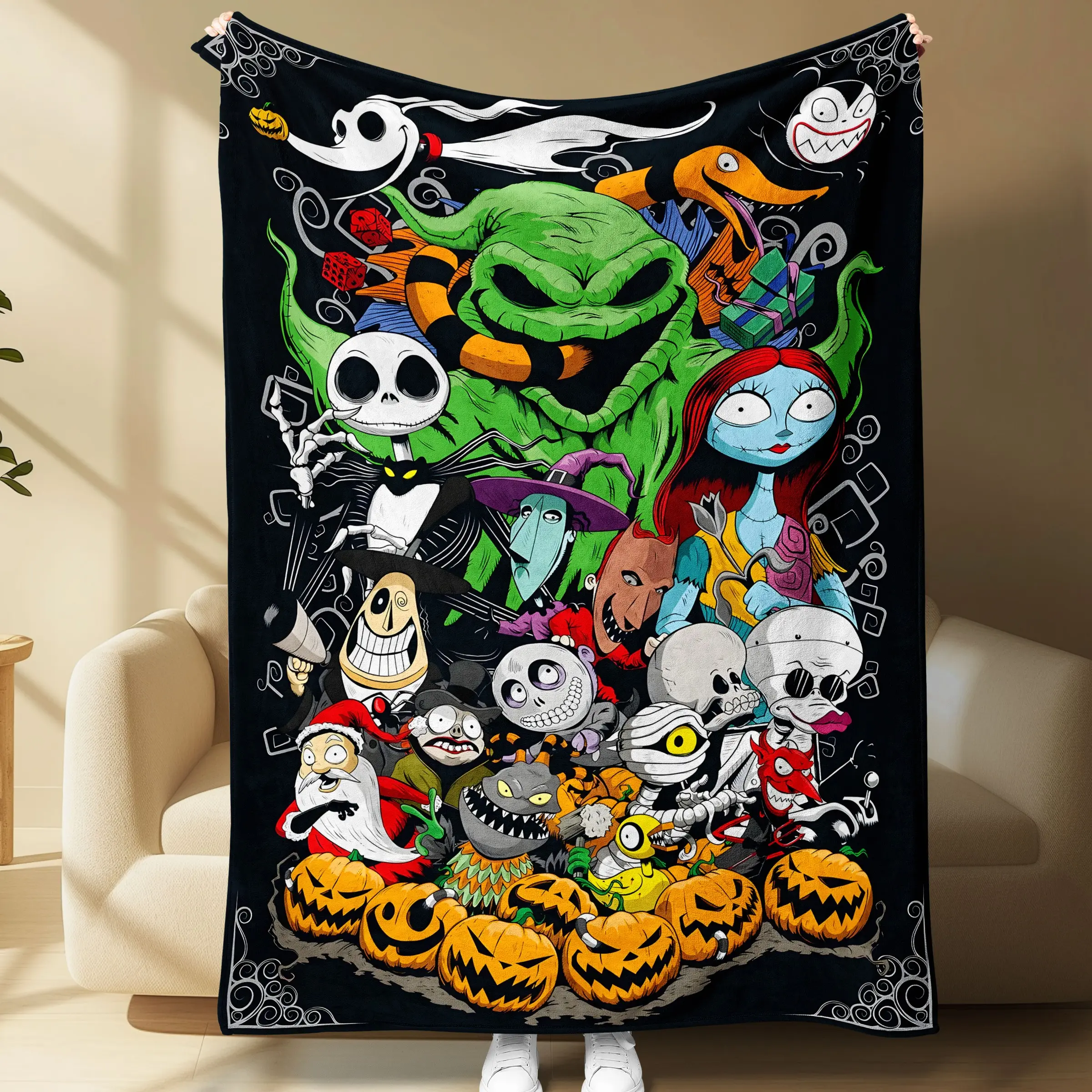 Nightmare Before Christmas Halloween Flannel Throw Blanket, Soft Cozy Lightweight Blanket for Sofa Bed Couch, Holiday Decor