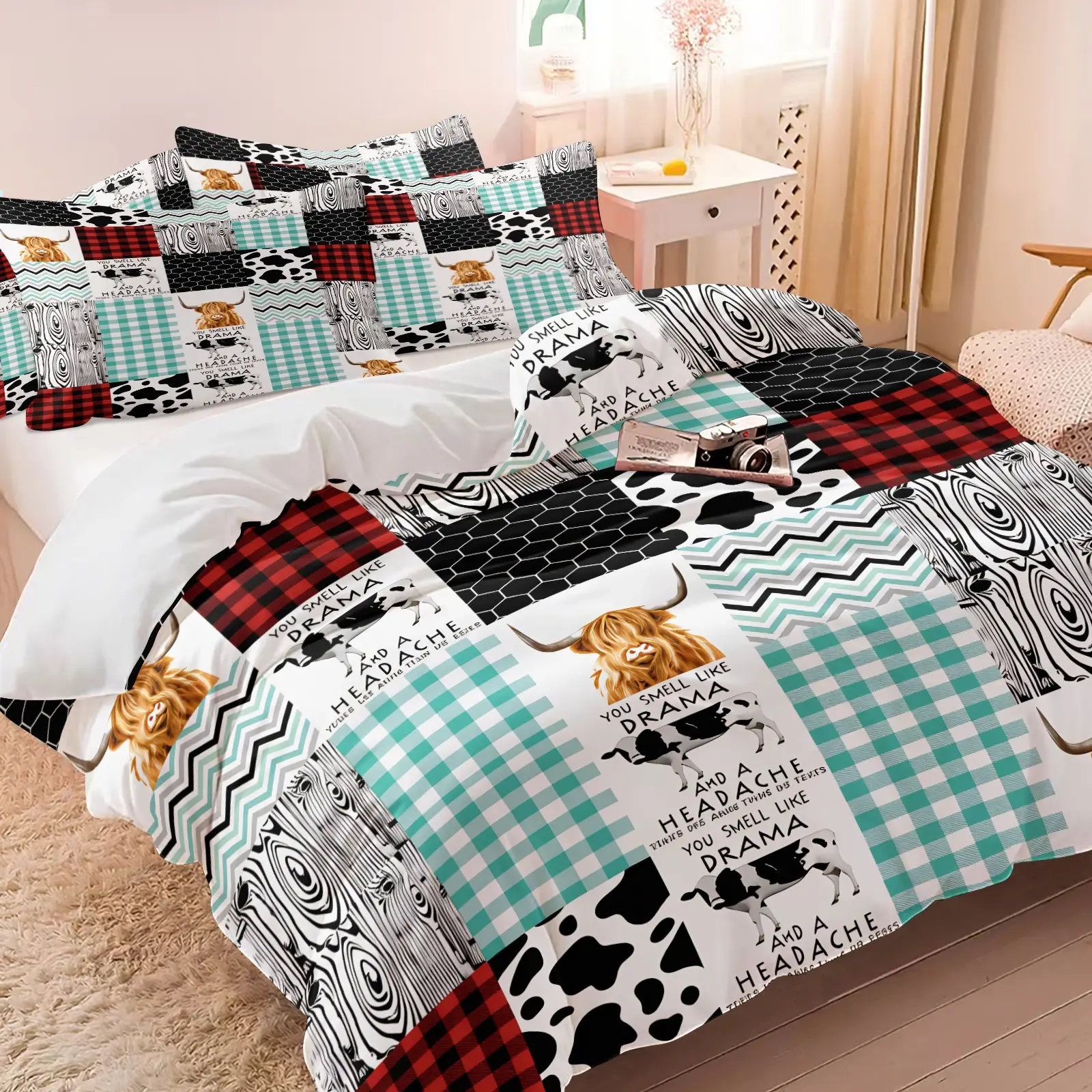 Highland Cow Patchwork American Country Duvet Cover Set-1 Duvet & 1-2 Coreless Pillowcases-Classic Farm Elements Patchwork Design-Comfortable Breathable-Country Style Bedroom/Rustic Style Lover Bedroom Decor
